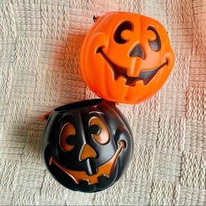 RARE VINTAGE 1997 GRAND VENTURE 10" HALLOWEEN PUMPKIN PAIL ORANGE BLACK SET OF 2